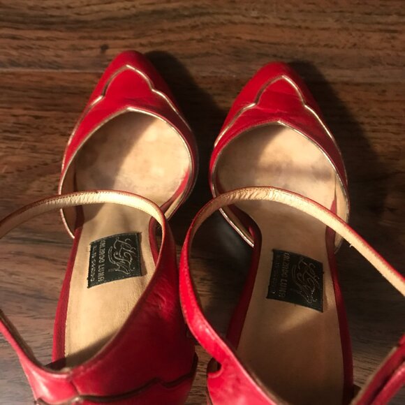 Vintage Red 3 inch Leather Pumps Heels, Gold Accents and Trim, Ankle Strap - Picture 7 of 10